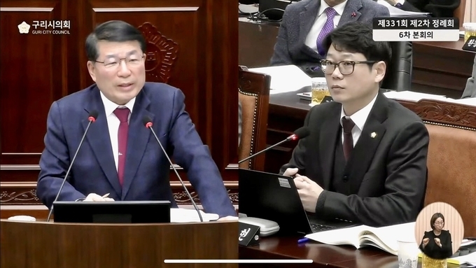 시정질의에 답변하고있는 백경현 시장(좌)과 시정질의에 대한 답변을 듣고 있는 김용현 의원(우)