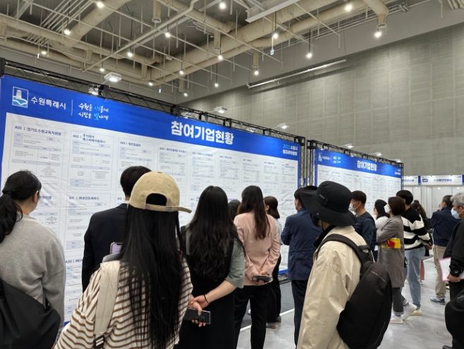구직자들이 채용 정보 게시판을 보고 있다