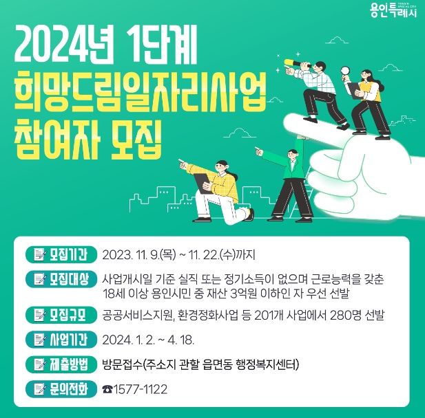 용인특례시가 2024년 1단계 희망드림 일자리 사업 참여자를 모집한다. 사진은 관련 포스터.