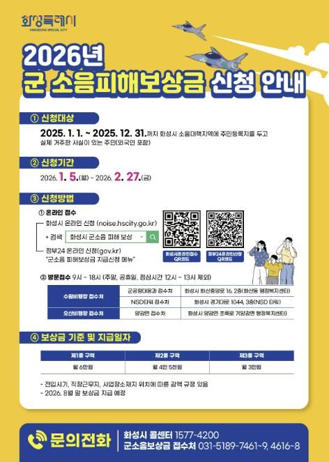 2026년 화성특례시 군소음피해보상금 신청 안내문
